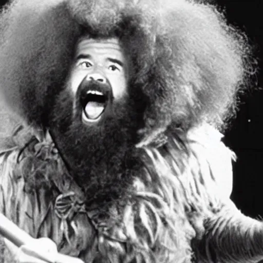 Prompt: bob ross screaming at the cowardly lion, wizard of oz