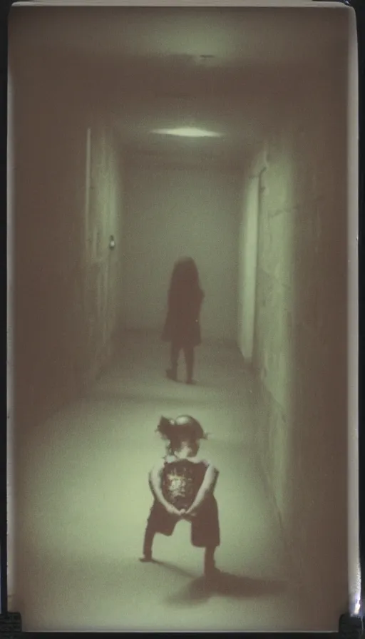 Prompt: found polaroid photo of a girl floating in a dark hallway, possessed