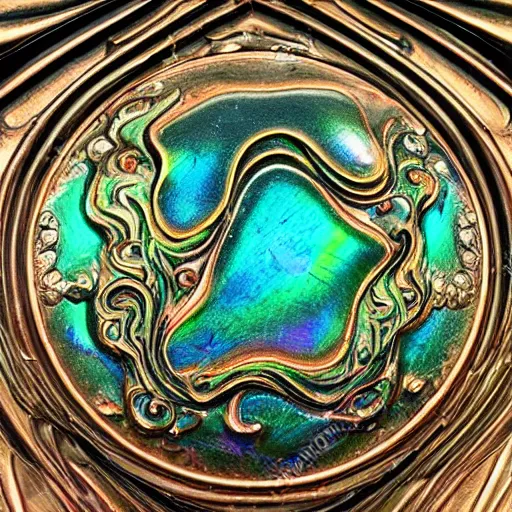 Prompt: Art Nouveau cresting oil slick waves, hyperdetailed bubbles in a shiny iridescent oil slick wave, ornate copper patina medieval ornament, rococo