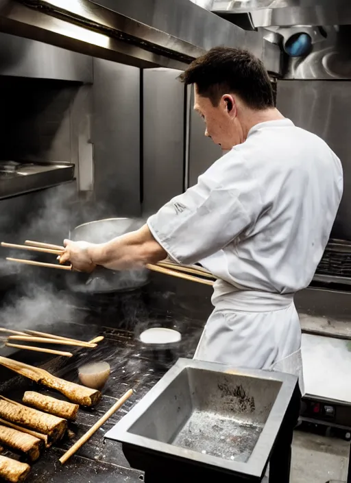 Image similar to a 2 8 mm macro photo from the back of a yakitori chef elon musk cooking in a commercial kitchen, splash art, movie still, bokeh, canon 5 0 mm, cinematic lighting, dramatic, film, photography, golden hour, depth of field, award - winning, anamorphic lens flare, 8 k, hyper detailed, 3 5 mm film grain