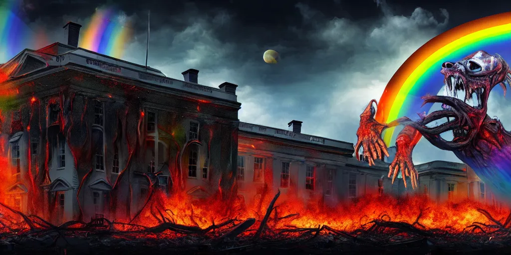 Image similar to monstrosity abomination rainbow god monster destroying on the roof of the burnt remains of the white house, performing a ritual to call aliens down from the night sky, wide shot, concept art, smooth, high quality, 4 k