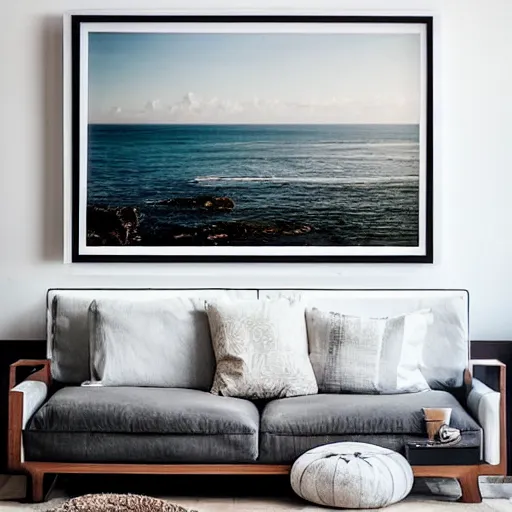 Prompt: a minimalist mockup photo with large rectangular blank frame, in a cozy coastal style home interior, light boho colors, trending on pinterest