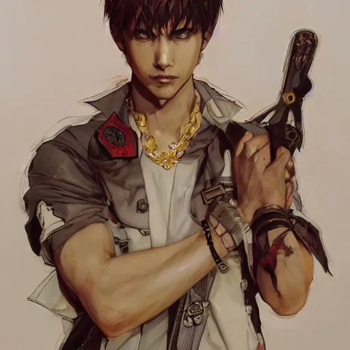 Image similar to portrait of a young white hero using his right arm to hold his sword covering his eye by yoji shinkawa, high quality, extra details, realism, ornate, colored, golden chain, blood, white skin, short hair, brown eyes, vivid, sunlight, headband, eyepatch, white american soldier, painting, cybernetics, military