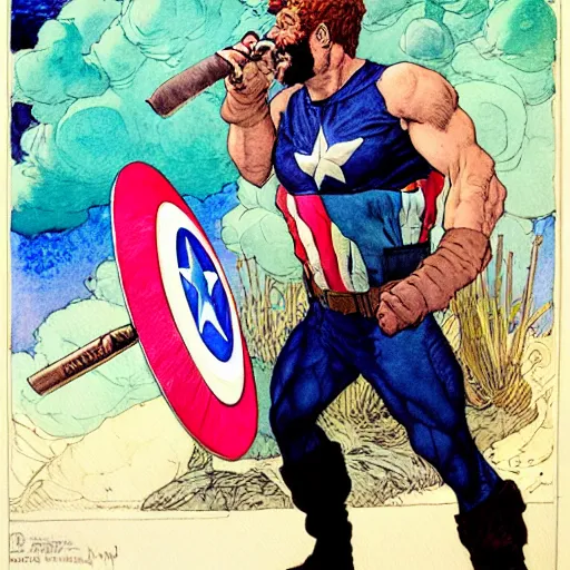 Prompt: a realistic and atmospheric watercolour fantasy character concept art portrait of captain america with pink eyes wearing a wife beater and smoking a huge blunt by rebecca guay, michael kaluta, charles vess and jean moebius giraud