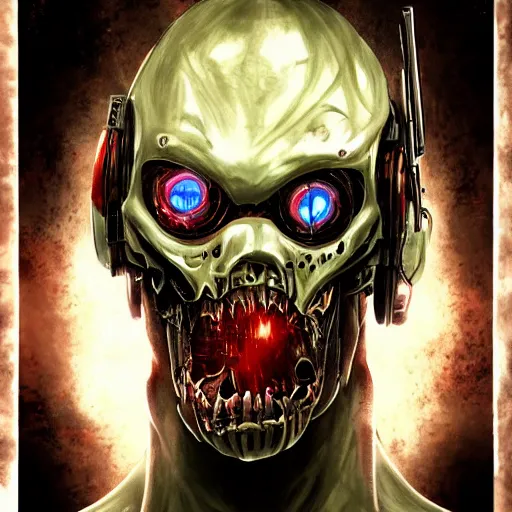 Prompt: pixiv, gruesome, sci - fi, polychaeta, undead cyborg head, doom, newt, red, white