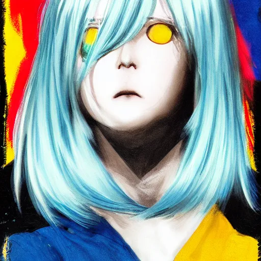 Prompt: profile shot of rimuru tempest, sky blue straight hair, long bangs, gold eyes, wearing a black jacket with white stripes, high collar, ultra detailed, brush strokes, digital painting, cinematic, wlop, closeup, pixiv, color block, eerie, scary, yoshitaka amano, andy warhol, junji ito