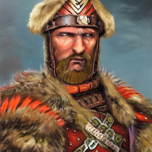 Image similar to a russian warrior who is wearing iron gauntlets in the shape of bear claws in the style of warhammer fantasy : : head and shoulders oil painting