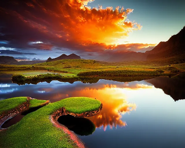 Image similar to a beautiful landscape photography of the garden of eden. lake reflections in the foreground, sunset, dramatic lighting by Marc Adamus