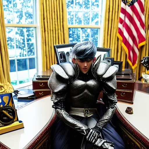 Image similar to a person cosplaying griffith from berserk manga by kentaro miura sitting at oval office desk with american flag