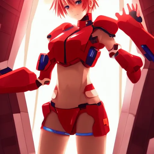 Prompt: digital anime art. full body. cute girl. red mech arms and red mech legs. blue eyes. gold short hair. red bikini. wlop, rossdraws, sakimimichan