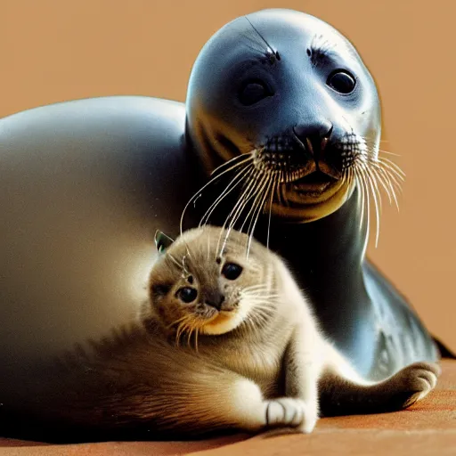 Prompt: national geographic photograph of a seal with a kitten