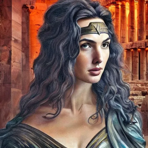 Prompt: Full body oil painting of the beautiful woman Gal Gadot, she is wearing some withe ancient roman cloths and a surreal ornate, her hair is natural disheveled, she is approaching heaven, she is in the Parthenon in Athens while people are claiming for her, she is attracting lightnings, naturalism, dramatic lighting, high-detailed oil painting by Ilya Repin, Michelangelo da Caravaggio, William Blake, Alex Grey and Beksinski, trending on Artsatio, hystorical painting, masterpiece, 4k, 8k,