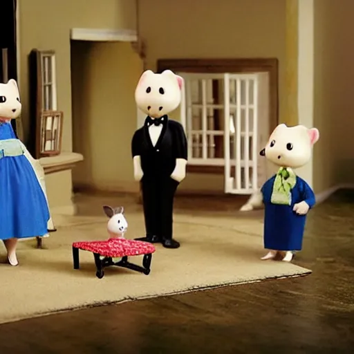 Prompt: An Hitchcock movie featuring the Sylvanian Family in an empty house