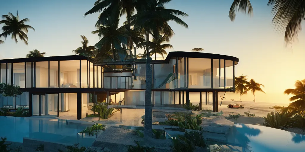 Image similar to modern house in a tropical setting, a view of the beach, coconut trees, sunset, photorealism, beautiful, cinematic dramatic atmosphere, volumetric cinematic perfect light, detailed octane render trending on artstation, 8 k, by chris hytha and jag studio