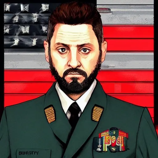 Image similar to “Zelensky with a beard wearing military uniform in GTA V, cover art by Stephen Bliss, Boxart, loadscreen”