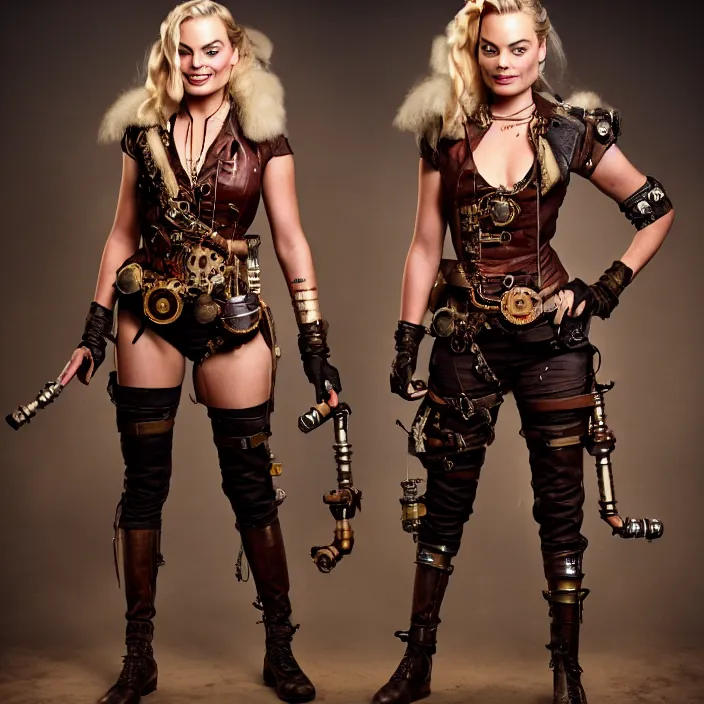 Prompt: full body photograph of a margot robbie as a steampunk warrior, Extremely detailed. 8k