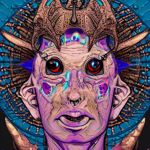 Image similar to portre of an autistic demon on acid, masonic and kabalistic symbols in background, digital art, 8k, delicate details