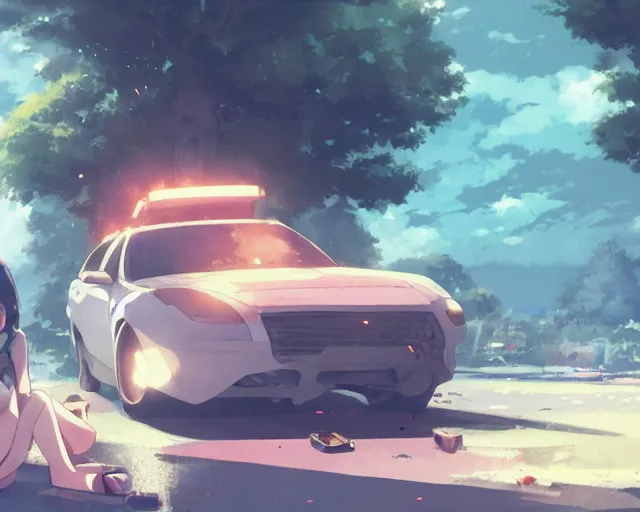 Image similar to a brunnete girl with blue eyes and puffy cheeks lying in a car accident, ambulances around the scene, anime art, Greg Rutkowski, studio ghibli, dramatic lighting