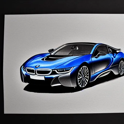 Prompt: bmw i 8, ink drawing