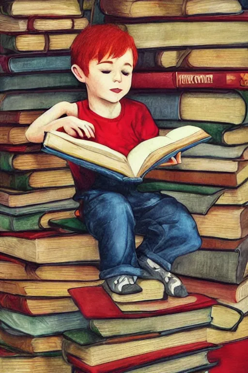 Image similar to a little boy with red hair sits cross legged on top of a tall pile of books. he is reading. clean elegant pretty cartoon painting, beautiful detailed face, storybook illustration.