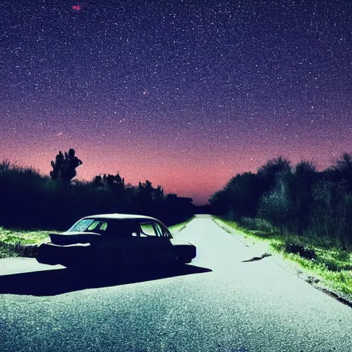 Prompt: car driving around ghost town, dreamy, night, darkness