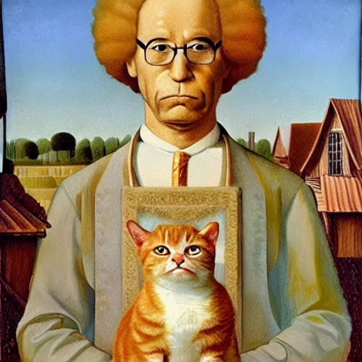 Prompt: fat orange tabby cat, man with afro, american gothic by grant wood