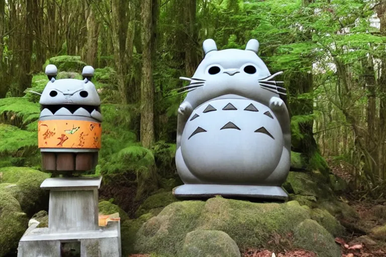 Image similar to shinto shrine statue of totoro in a wooden shrine