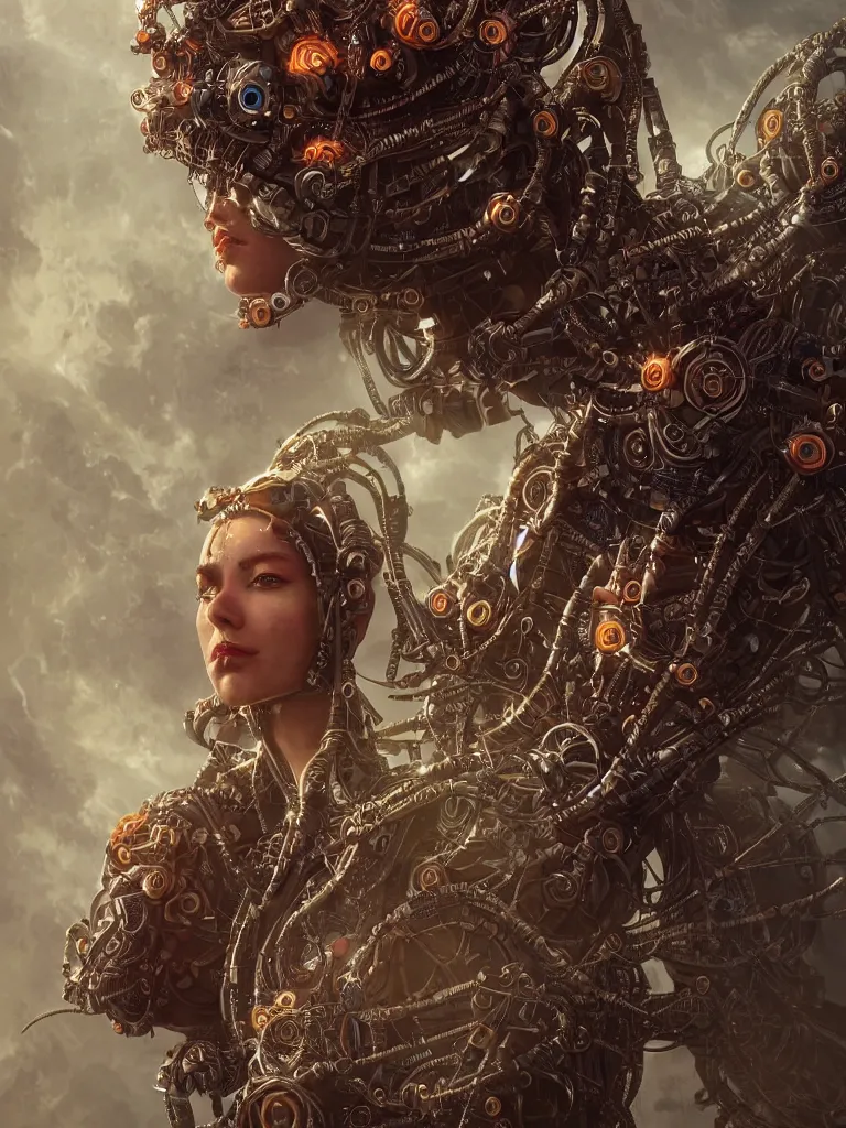 Image similar to a photo of a mech shaman adorned made from cables and synthesizer parts surrounded by sacred geometry made from elven architecture, full body, perfect face, powerful, cinematic, beautifully lit, by artgerm, by karol bak, 3 d, trending on artstation, octane render, 8 k