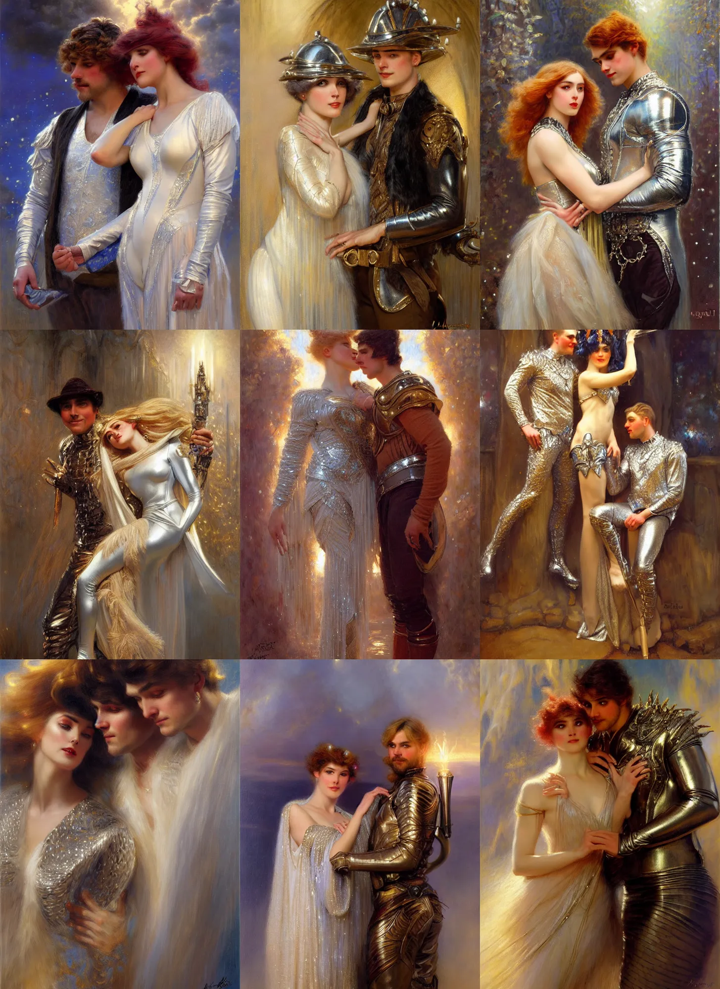 Prompt: portrait of a male couple dressed in a silver costume, head shoot, art by alex heywood and gaston bussiere, albert lynch, fantasy art, reimagined by industrial light and magic, oil on canvas, hd