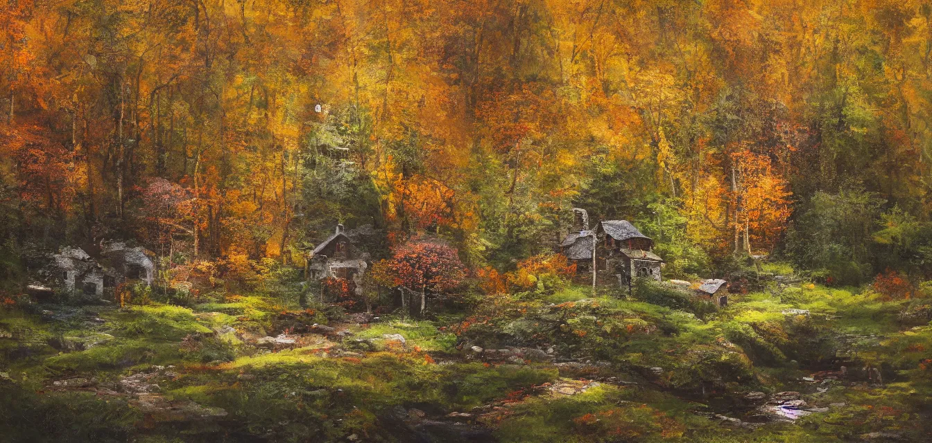 Prompt: a painting of sparse stone cottages underneath a dense tall forest, with pristine reflex from cascading ponds. gorgeous, elegant, sophisticated, an ultrafine painting, intricate brush strokes, bright depth oil colors, photography by araken alcantara. intense promiseful happiness, autumn sunrise warm light, detailed and intricate environment. hopeful. bodyscapes