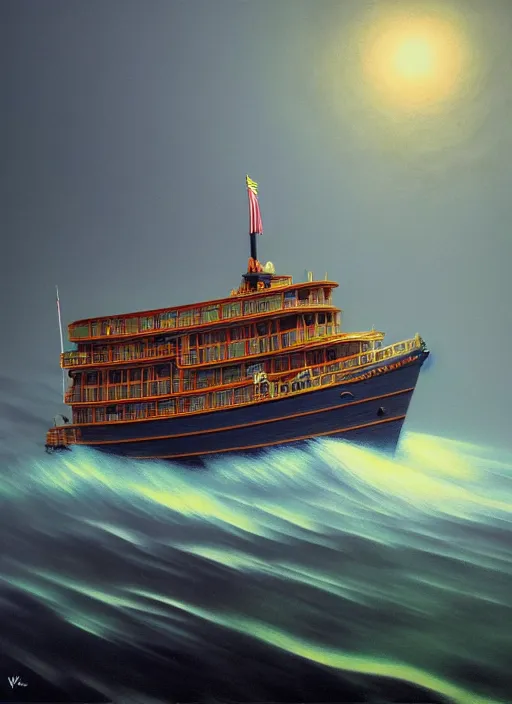 Image similar to hyper detailed 3d render like a Oil painting - the steamboat by Jacek Yerka, Mariusz Lewandowski, Houdini algorithmic generative render, Abstract brush strokes, Masterpiece, Edward Hopper and James Gilleard, James Jean and artgerm, Mark Ryden, Wolfgang Lettl, hints of Yayoi Kasuma, octane render, 8k