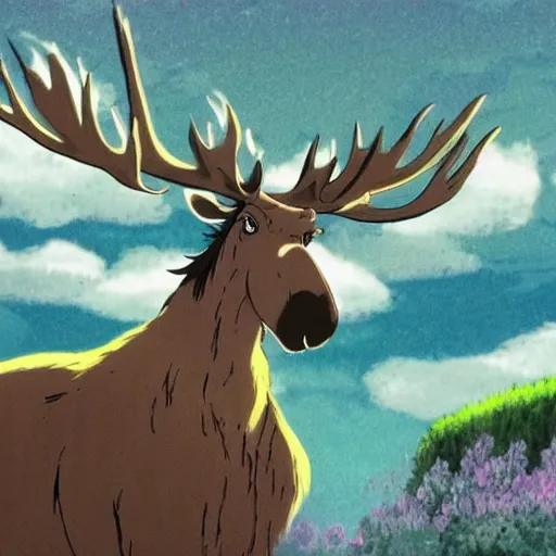 Prompt: a screenshot of the beautiful moose spirit from Studio Ghibli\'s \'Spirited Away\', immersed in nature