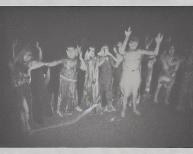 Prompt: gritty polaroid photo of a secretive cult summoning a demonic entity a circa 1 9 8 2, technicolor, archival quality image, scanned by