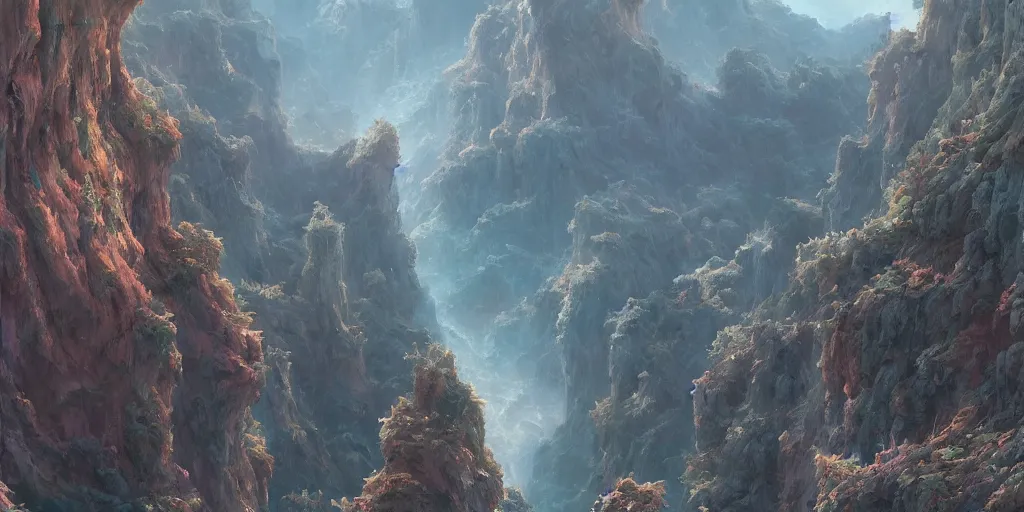 Image similar to fantasy painting of a cloudy canyon, intricate abstract. delicate artwork. by tooth wu, wlop, beeple, dan mumford. octane render, trending on artstation, greg rutkowski very coherent symmetrical artwork. cinematic, hyper realism, high detail, octane render, 8 k, depth of field, bokeh. chrome accents.