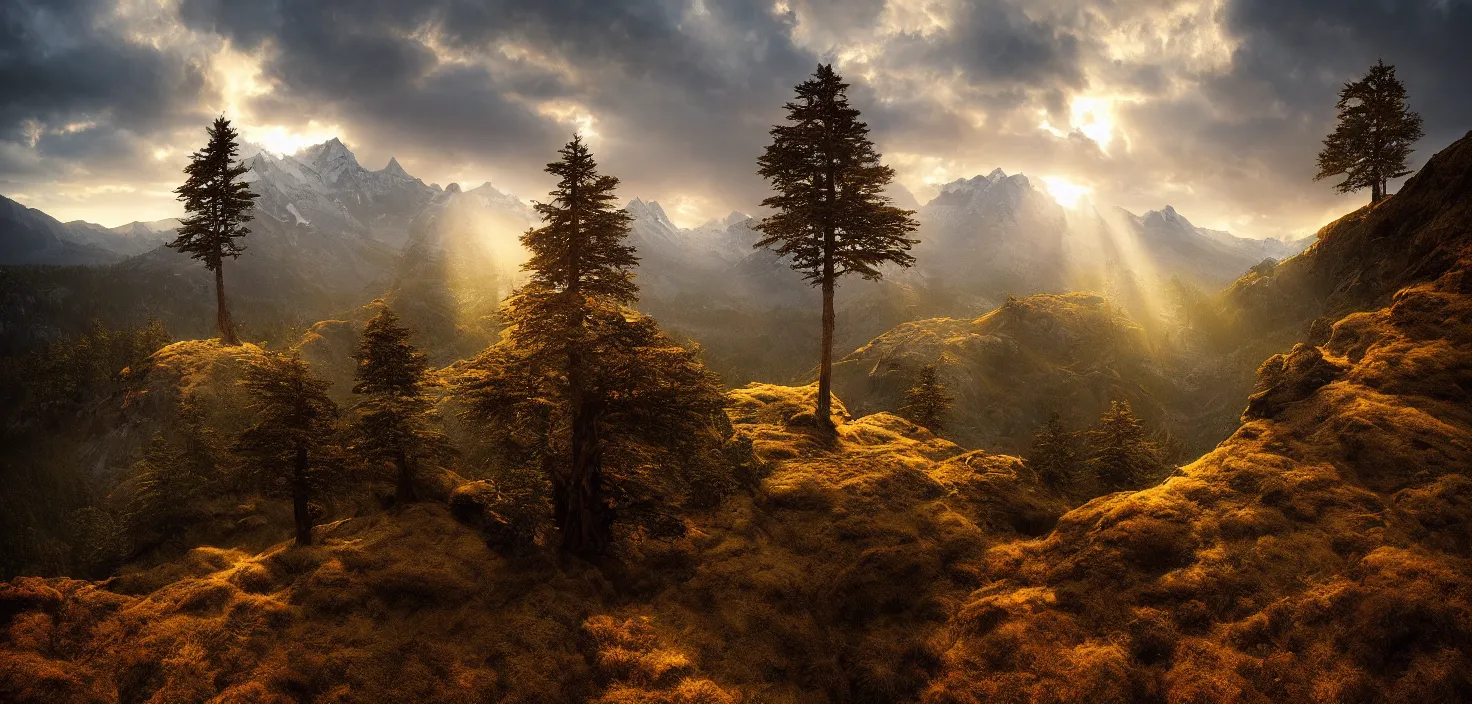 Image similar to amazing landscape photo of a lone cedar tree on a mountain by marc adamus, beautiful dramatic lighting