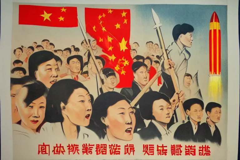 Image similar to vintage poster chinese cultural revolution propaganda, realistic, grain, rockets, astronauts