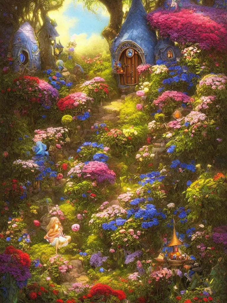 Prompt: a whimsical fairy house in a beautiful garden of flowers Justin Gerard, morning light, tarot card