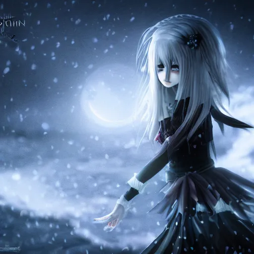 Image similar to full shot of angry darkness beautiful anime girl at moonlight, snowing, gothic wearing, inspired by Tim Burton, Amano, detailed, unreal engine 4k volumetric light, fog,