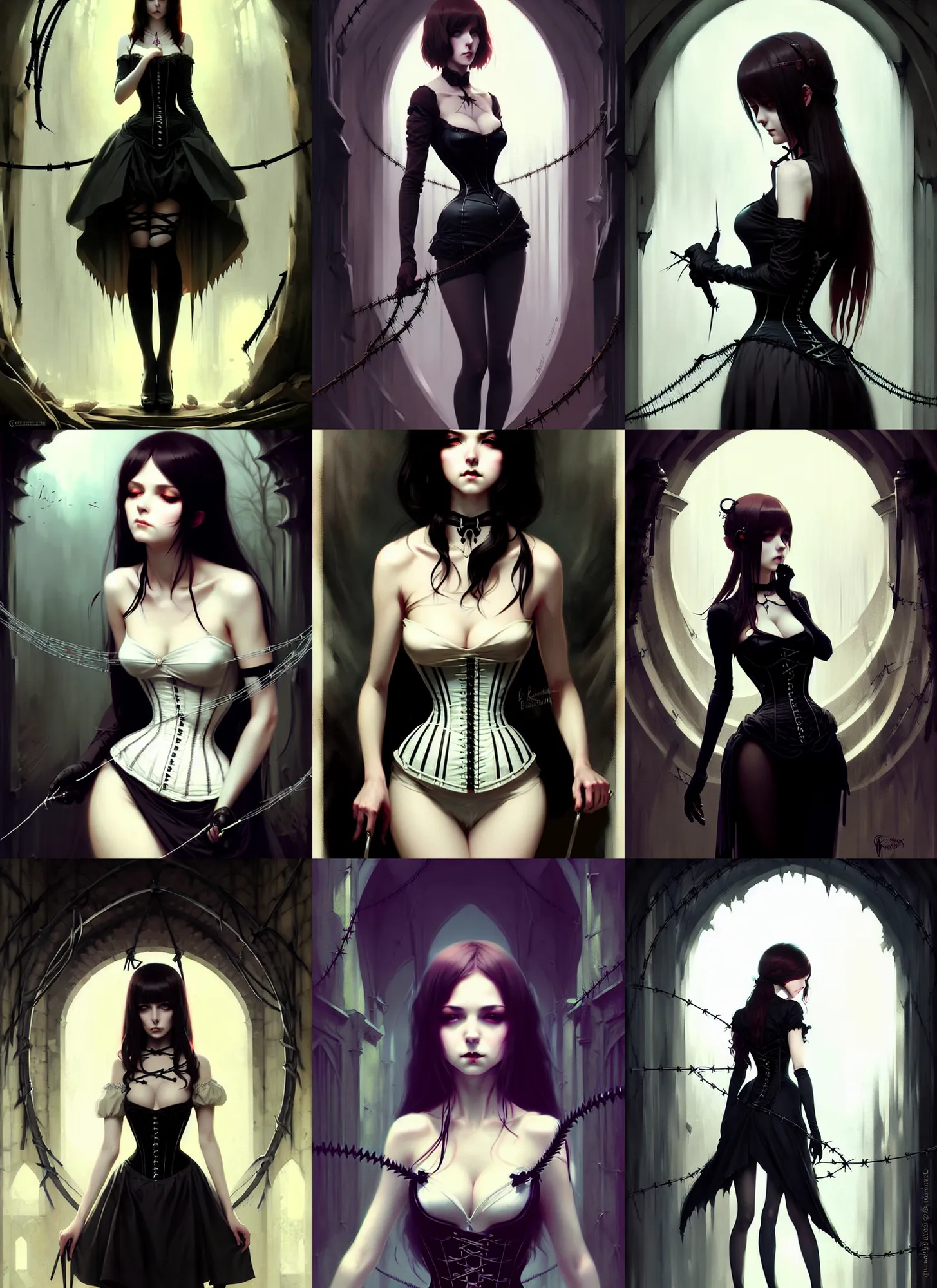 Prompt: an elegant beautiful gothic princess, very tight corset, bound by barbed wire in a dungeon, full body, style of ilya kuvshinov greg rutkowski anna dittmann, masterpiece, very high quality, dark, intricate, high resolution