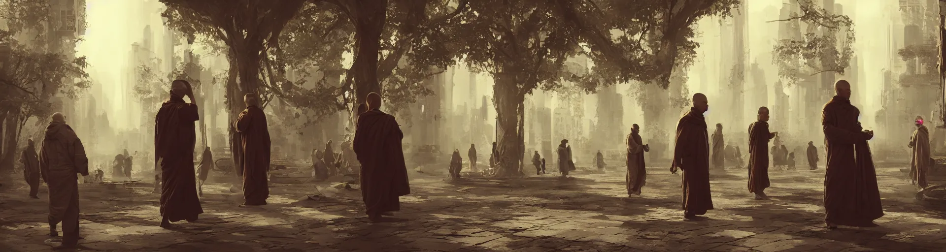 Prompt: monk meditation in a cyberpunk world with people walking around wearing vr headset by eugene von guerard, ivan shishkin, concept art, trending on artstation