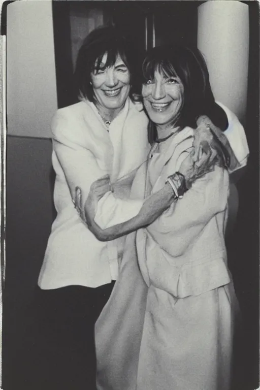 Prompt: a polaroid of Hillary clinton and ghislaine maxwell hugging and smiling