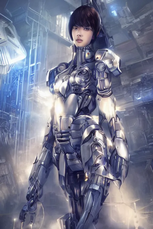 Image similar to a young attractive Asian woman wearing mecha armor inside a sci-fi hangar, dramatic pose, chrome, blue LEDs, wires and cables, highly detailed, photorealistic, volumetric lighting, digital art, octane render, in the style of Artgerm and Tom Bagshaw