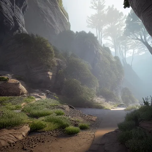 Prompt: pathway canyon in between mountains, mist, dark, unreal engine, high detail, realism, award winning, detailed lighting