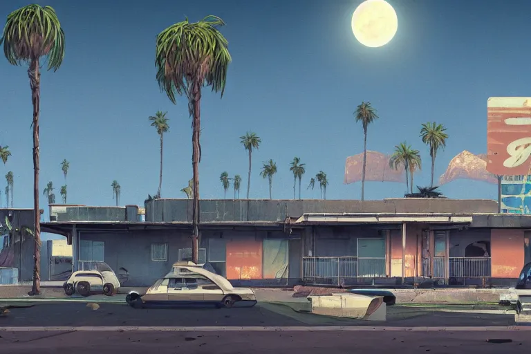 Image similar to broken robot | abandoned motel | palm trees | snowy mountains | moon in sky, painting by syd mead and weta studio and moebius and james jean and frank frazetta, gta san - andreas game screenshot, highly detailed, rule of third, soft lighting, architectural magazine, insanely intricate details, artstation trending, hypermaximalistic, high details, cinematic