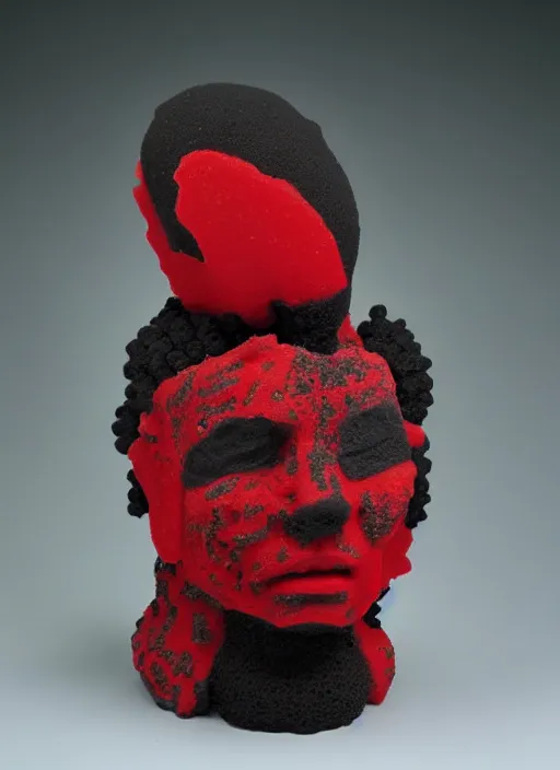 Prompt: sponge sculpture of an ancient warrior red and black theme