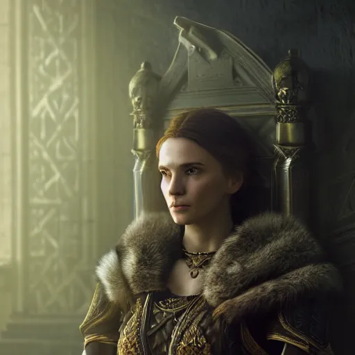 Image similar to the elder scrolls vi, charismatic regal brunette female jarl, portrait, throne room, atmospheric lighting, painted, intricate, volumetric lighting, beautiful, daytime, sunny weather, slight overcast, sharp focus, deep colours, ultra detailed, by leesha hannigan, ross tran, thierry doizon, kai carpenter, ignacio fernandez rios