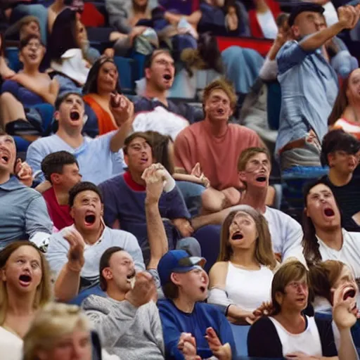 Image similar to audience at baseketball game looks upset, pointing, covering mouth