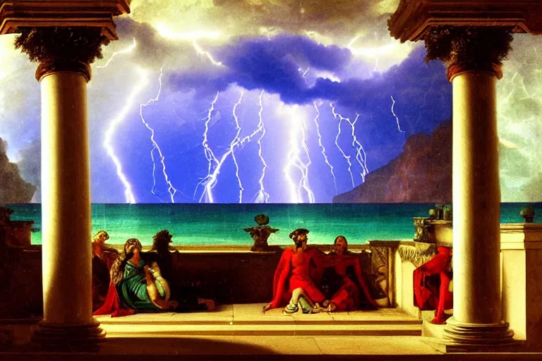 Prompt: mediterranean balustrade and palace columns, refracted lightnings on the ocean, colorful thunderstorm, tarot cards, beach and Tropical vegetation on the background major arcana sky and occult symbols, by paul delaroche, hyperrealistic 4k uhd, award-winning, very detailed paradise