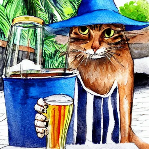 Prompt: a cat with a bucket hat and a hawaii shirt drinking a beer at an outdoor bar by the sea in stockholm, children\'s book illustration watercolor drawing