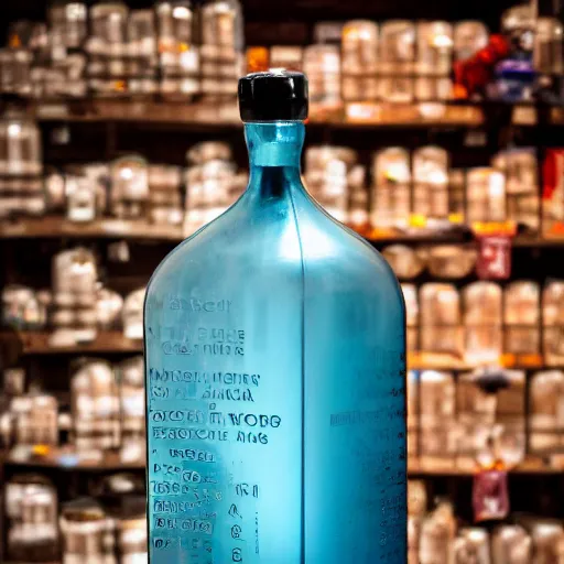 Prompt: an award - winning photo of a translucent glass vodka bottle in the shape of a propane cylinder in a grungy warehouse, dramatic lighting, sigma 2 4 mm, wide angle lens, ƒ / 8, behance